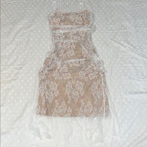 Elegant Lace Overlay Dress in White and Tan